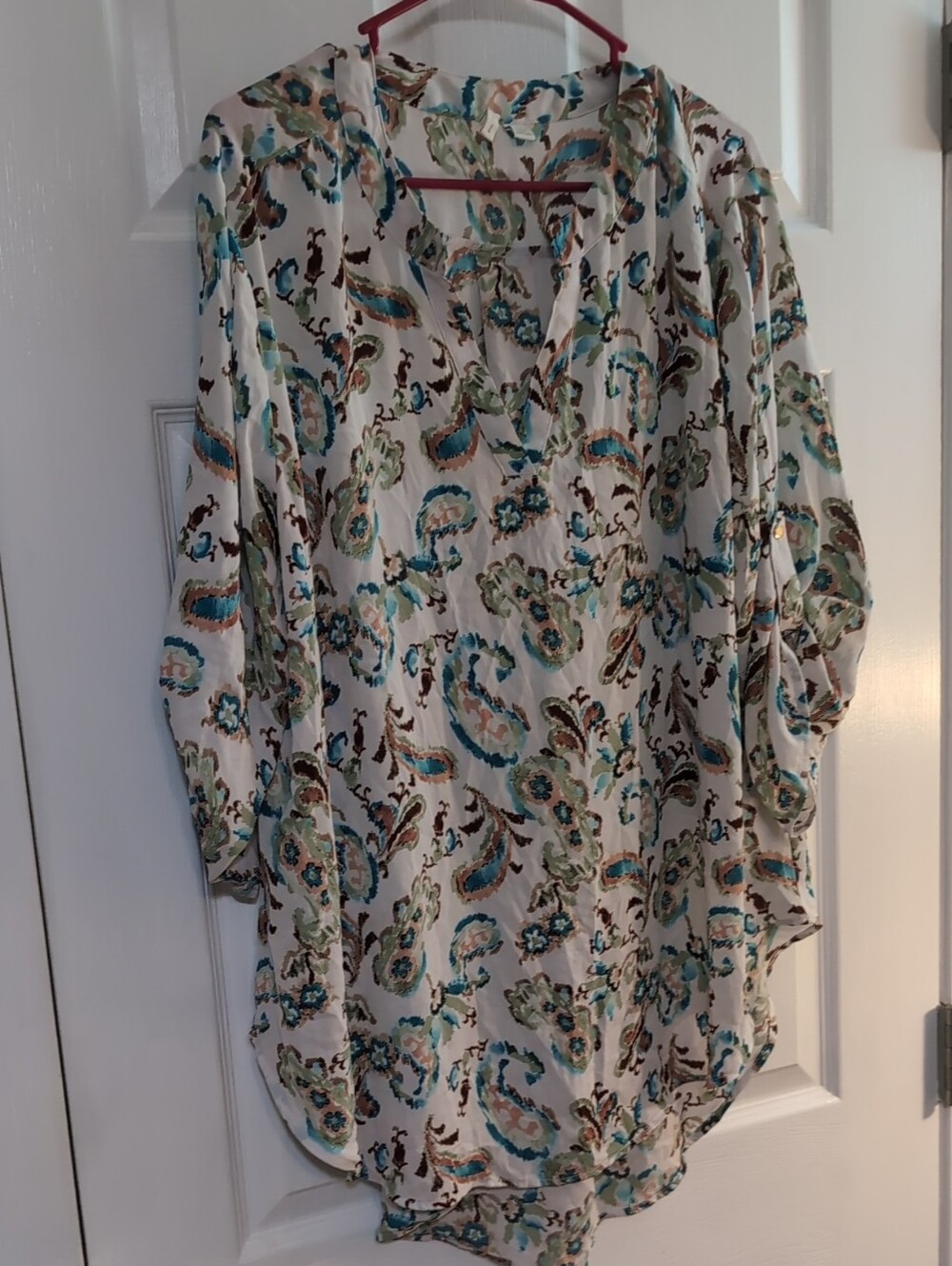 Cato Cream Paisley V-Neck Tunic with Teal and Brown Accents